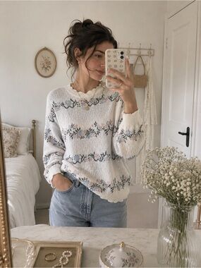 Vintage Jessica Sport Floral Knit Sweater Women Medium Cottagecore Grandma Y2K